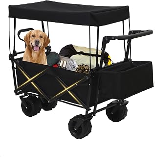 200L Collapsible Wagon Cart with Canopy, Heavy Duty Folding Tools Utility Cart with Wheels for Outdoor Camping, Black