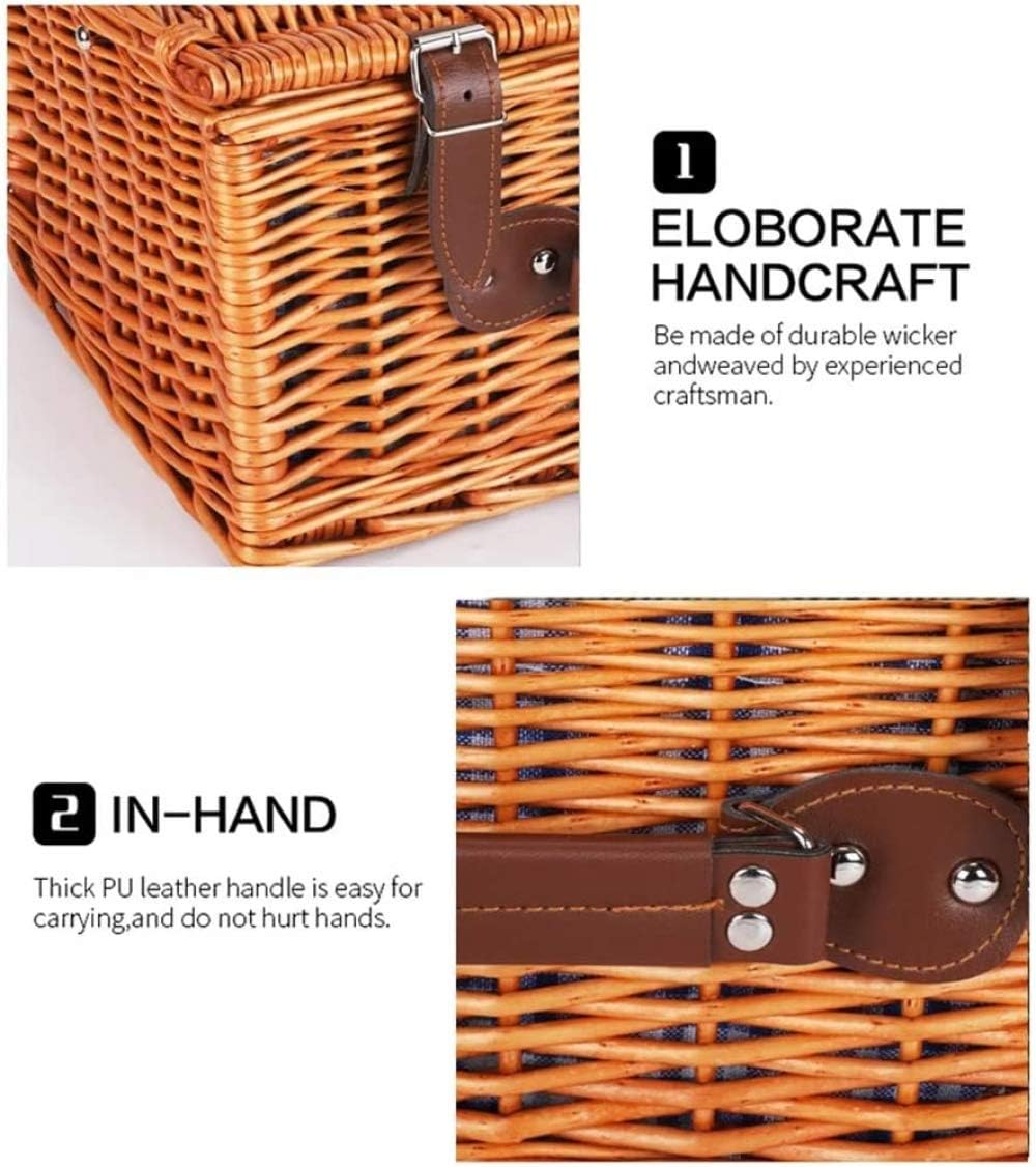 Willow Woven Picnic Basket with Lid for 4 Persons, Wicker Hamper Set, Portable Outdoor Picnic Basket Storage Basket with Tableware,Outdoor Storage Basket