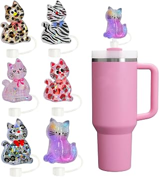 6pcs Cat Straw Covers Cap for Stanley Cup,Glitter Straw Topper Compatible with 30&40oz Tumbler with Handle,10mm 0.4in Dust-Proof Reusable Tips Lids Tumbler Accessories
