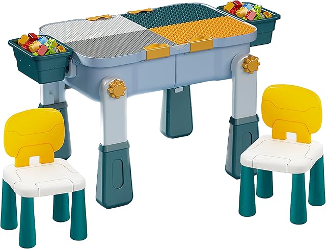 Multifunctional kids table with 2 chairs, wheeled luggage, Compatible With Large Building Blocks. (Surfie Green), 60 x 46 x 46 cm (FLBSD52-1)