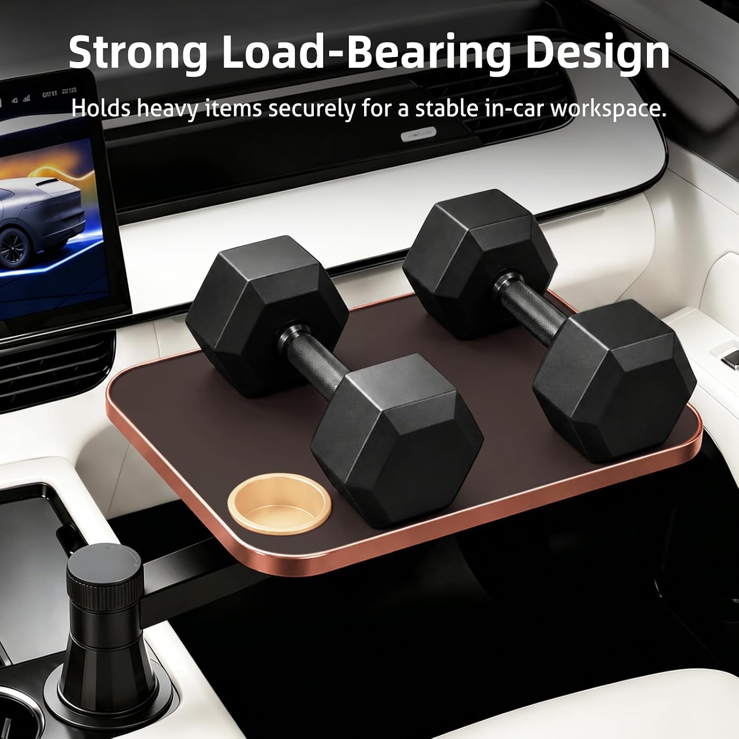 360° Rotating Car Desk Tray for Laptop and Food, Premium Leather Car Table with Built-in Cup Slot, Adjustable Vehicle Desk for Eating, Working, Road Trips, Fits Tesla Model Y/3/S&Most Cars(Dark Brown)