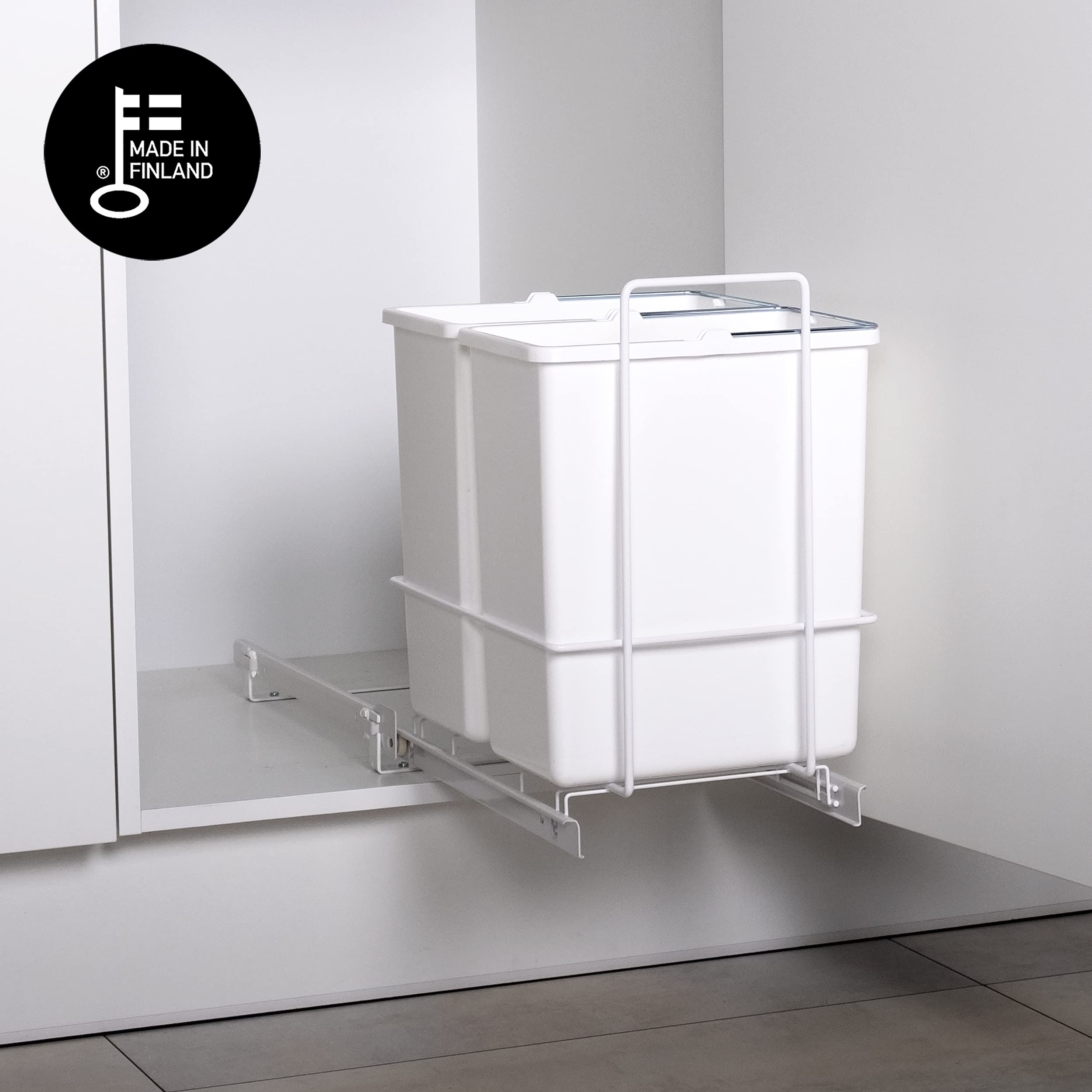 LM 62/2 Einbau Mülleimer ausziehbar mit 2x10L Abfalleimer Korbauszug Weiß 25,8x41,4x39,5 cm - Duo Mülltrennsystem für die Küche Unterschrank