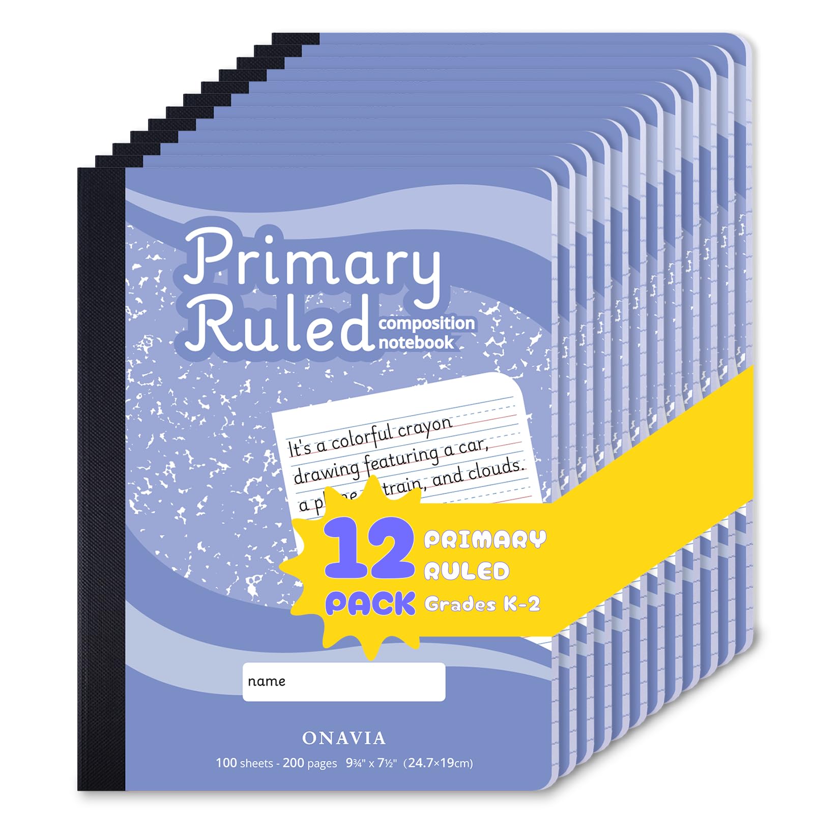 ONAVIA Quaderno di composizione principale, confezione da 12 pezzi, a righe primarie, gradi K-2, 24 x 19 cm, quaderni per scrittura in classe per bambini, blu fiordaliso