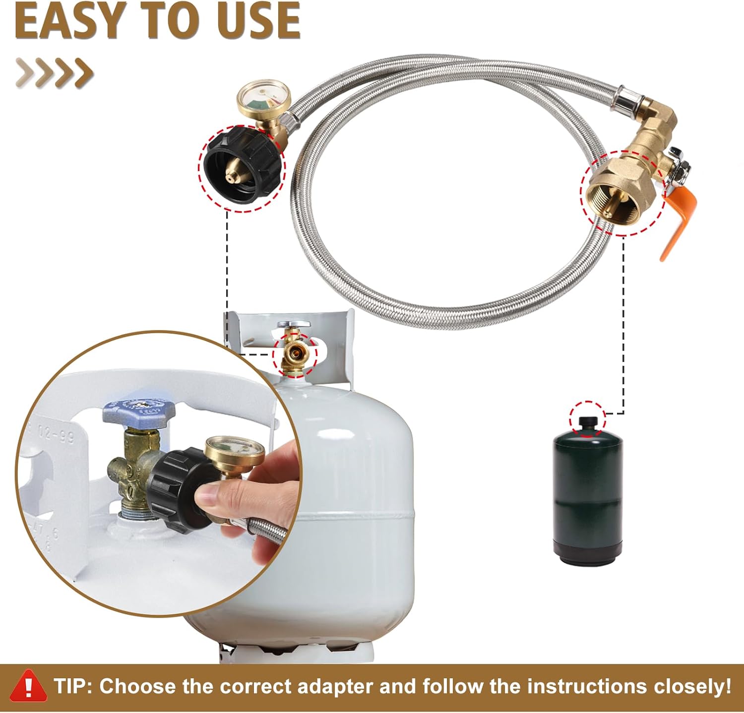 PAMASE Propane Refill Adapter Hose for 1lb Tanks - 36" QCC1 Extension Hose with 4 Brass Cap, Easily Fill 20lb~50lb to 1lb Small Gas Bottle Converter, 350PSI