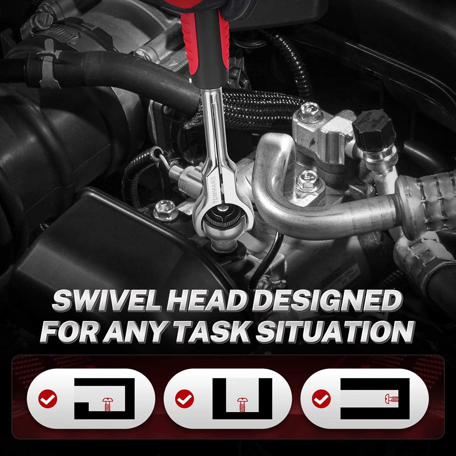 TOMMARS Swivel Head Ratchet, 3/8" Drive 72 Tooth Roto Centerline Flex Head Ratchet Socket Wrench, High Torque, No-Slip Design, Quick Release, Fast Spin for Tight Spaces