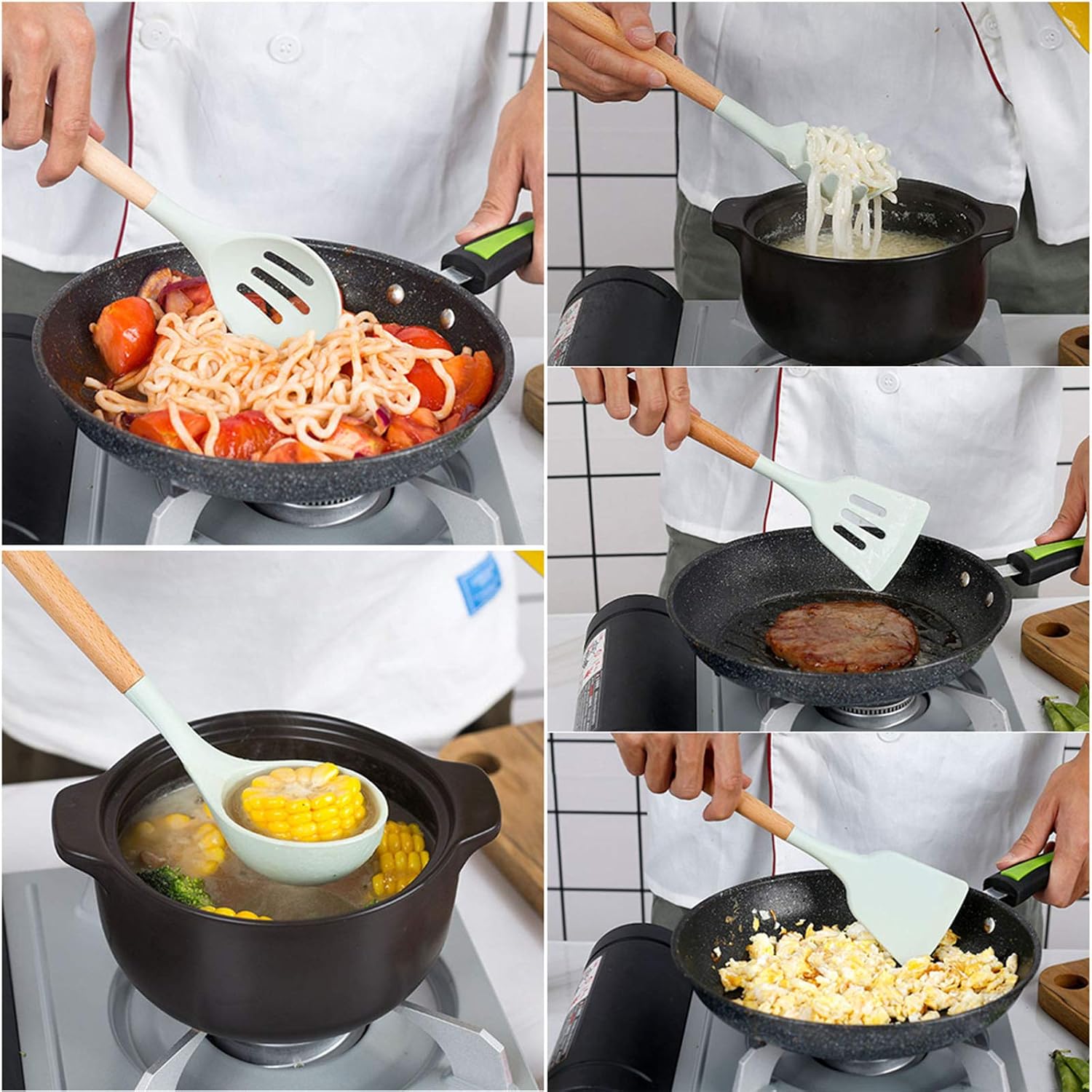 Silicone Kitchen Utensils Set, 12Pcs Cooking Utensils Set with Hook, Bpa-free Non-toxic Kitchen Gadgets Set, Heat-resistant Kitchen Tool Set with Wooden Handle, Kitchen Utensils Gift—Green