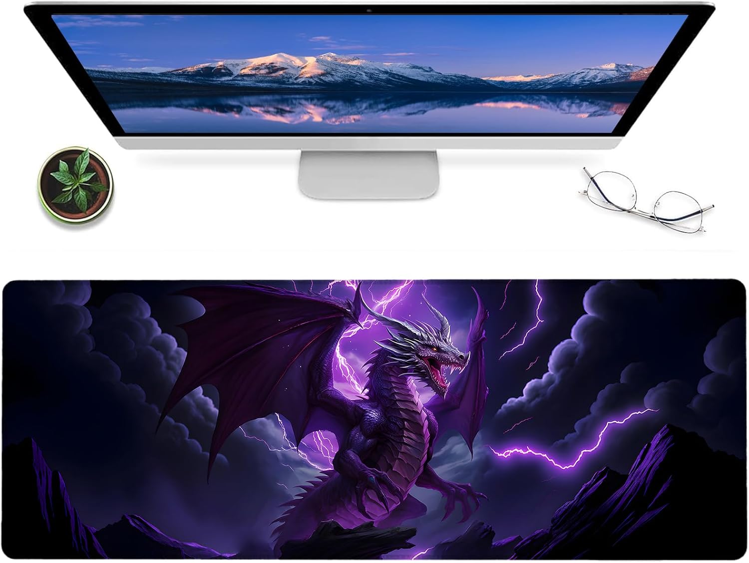 Purple Lightning Dragon Gaming Mouse Pad,12x31.5in Non-Slip Rubber Cool Animal Desk Mat,Large Extended Mousepad for Office Home Laptop,Fun Mice Pads Gifts,Game Lover Deskmat Decor