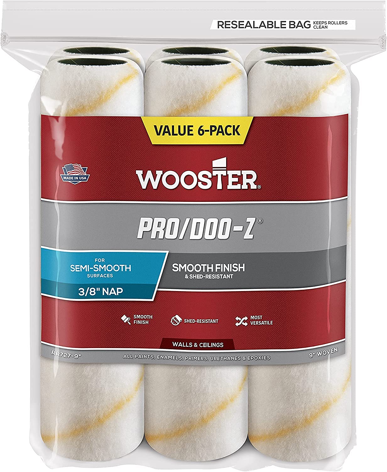 Wooster Brush RR727-9 Pro/Doo-Z Nap Rollers, 3/8-Inch, 3 Pack of 6, White