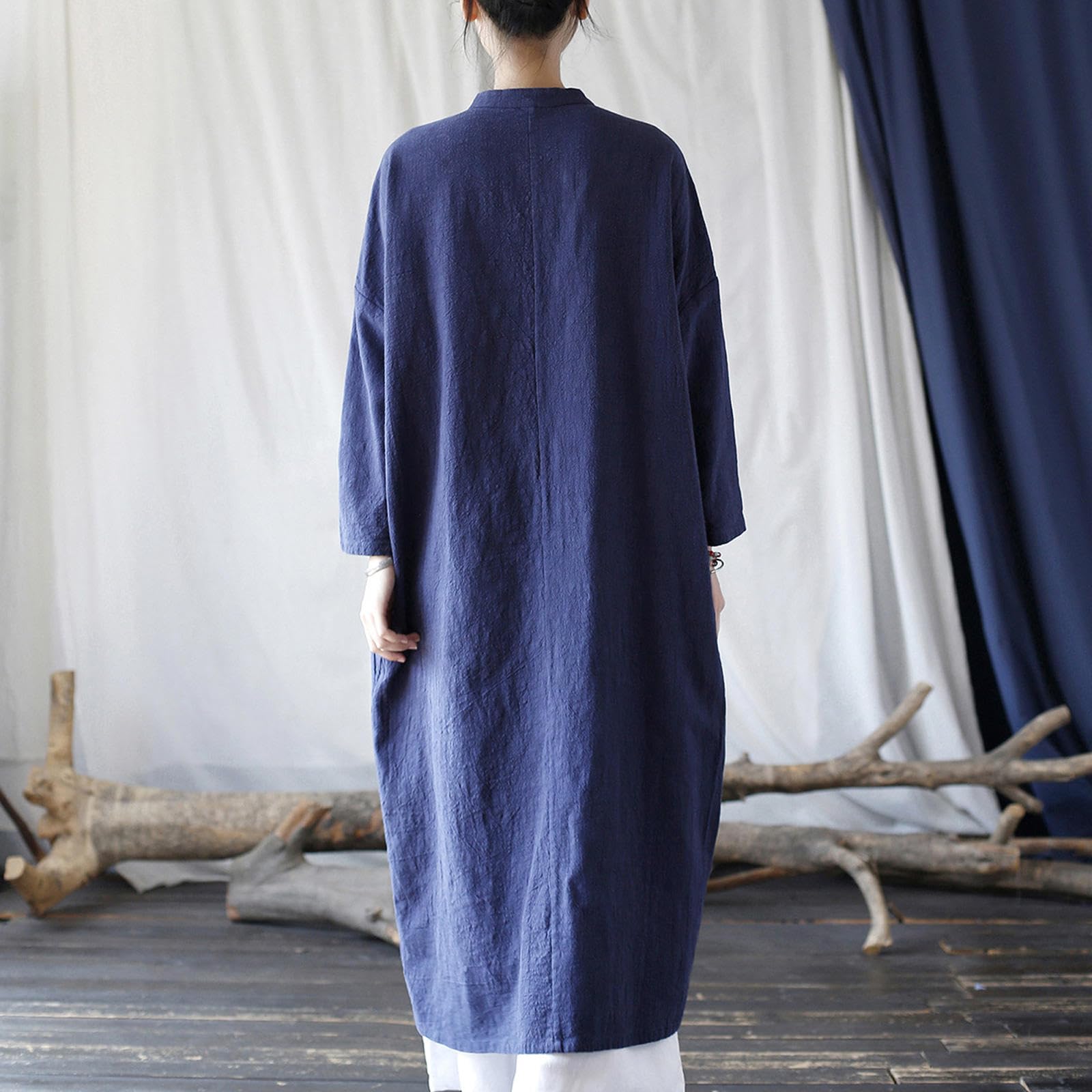 Traditionelle Chinesische Damenkleidung, Retro-Tai-Chi-Uniform, Cheongsam-Kleid mit Langen Ärmeln, Lockere Kung-Fu-Kleidung für Zen-Meditation,Blue-OneSize