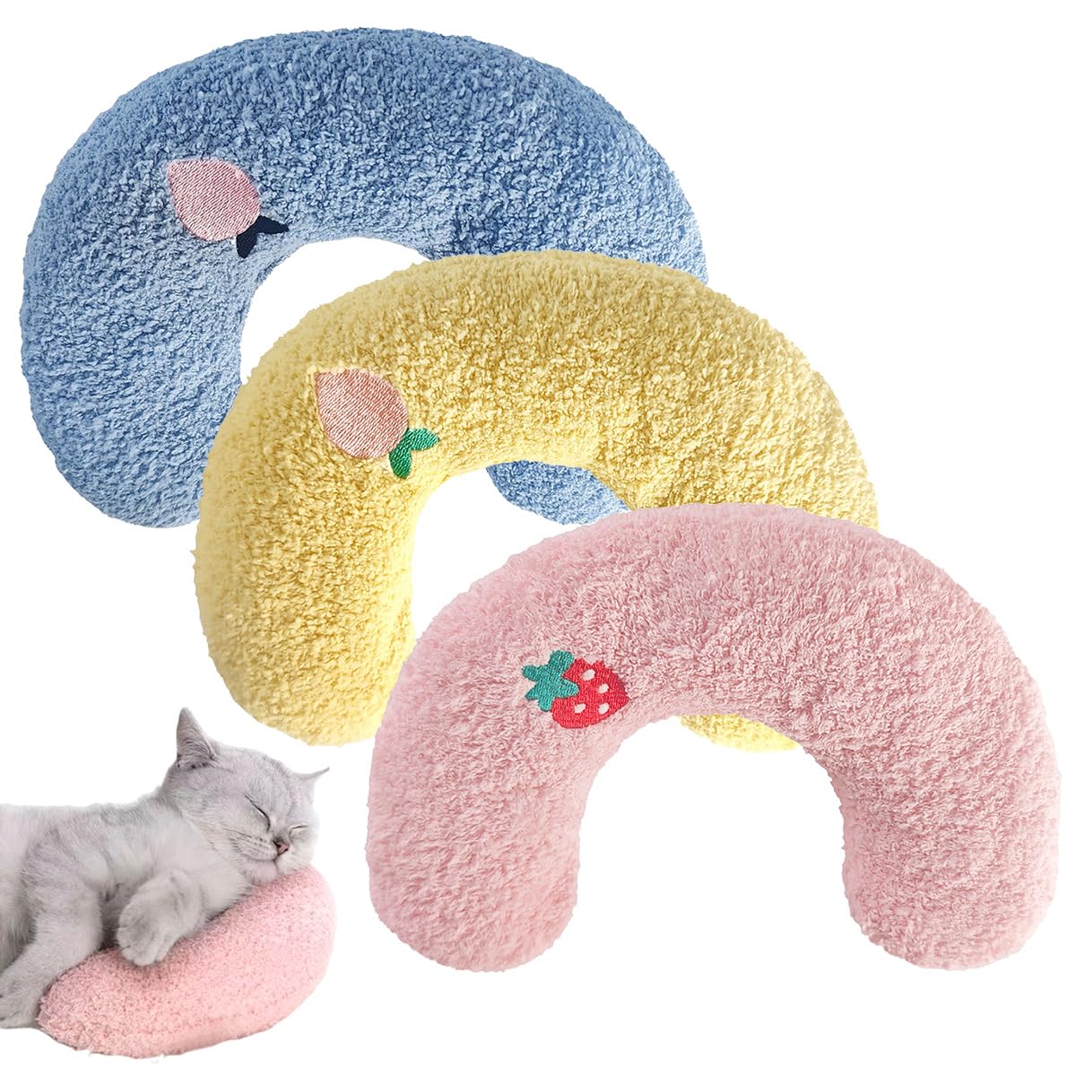 3 Pz Cuscino per Collo di Gatto,Cuscino a Forma di U per Gatti in Morbido e Confortevole,Cuscini Calmante per Animali per Dormire, Riposare, Giocare