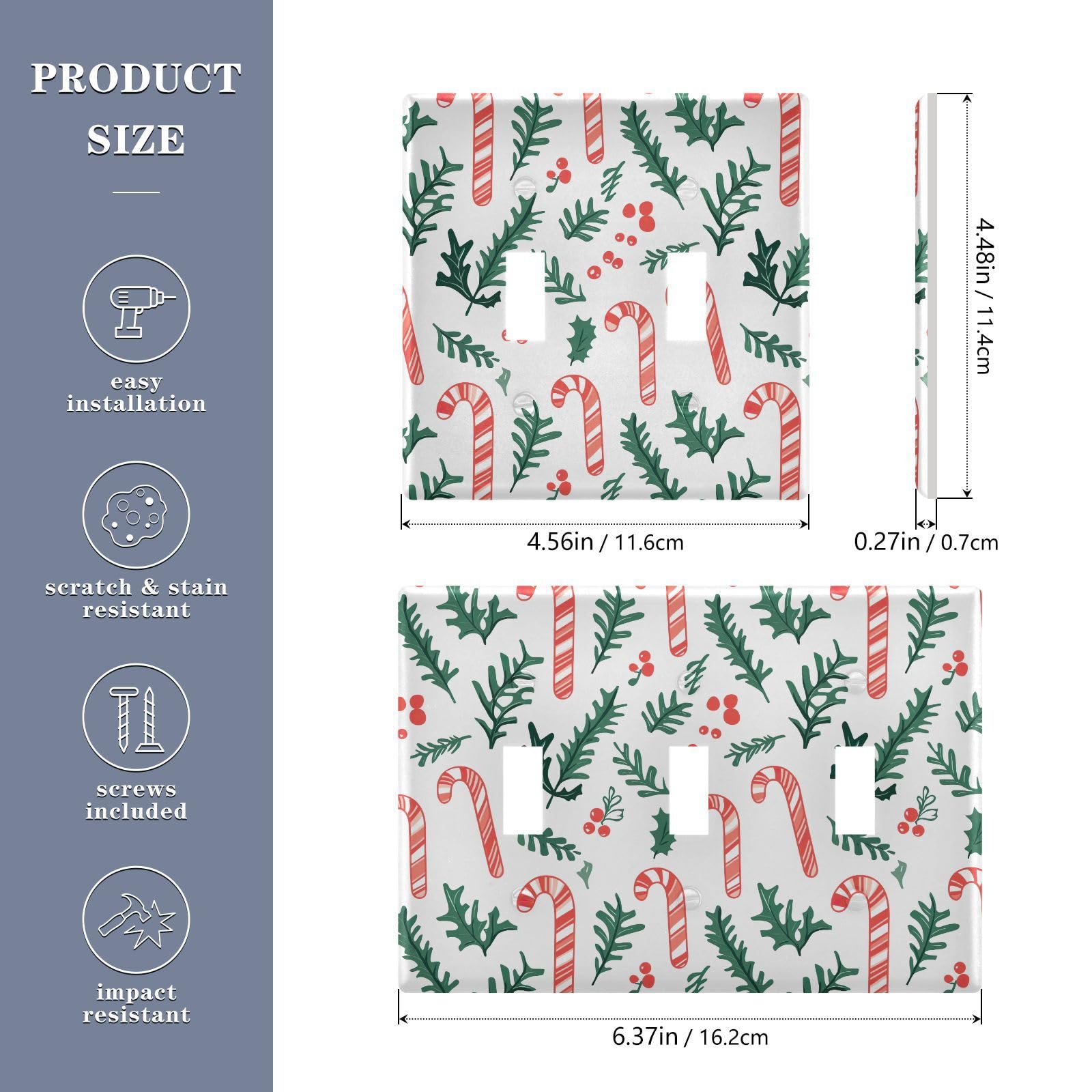 Light Switch Cover Christmas Cane Holly Leaves Wall Plates for Electrical Outlets 3 Gang 202b7083