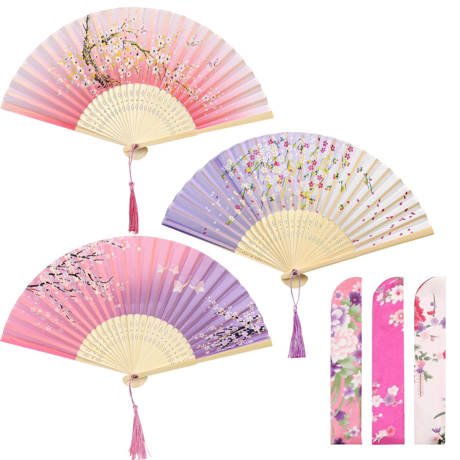 wokdsbl 3PCS Folding Hand Fans with Tassel and Fabric Sleeves