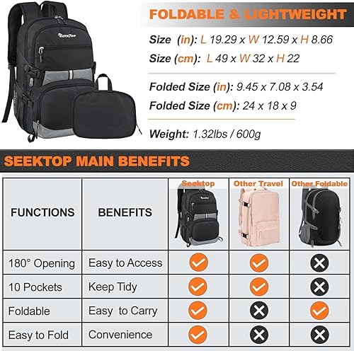Miniatura 6 de Seektop Mochila de viaje ligera para hombres y mujeres, múltiples bolsillos 40L, mochila de senderismo plegable, Negro, Grande