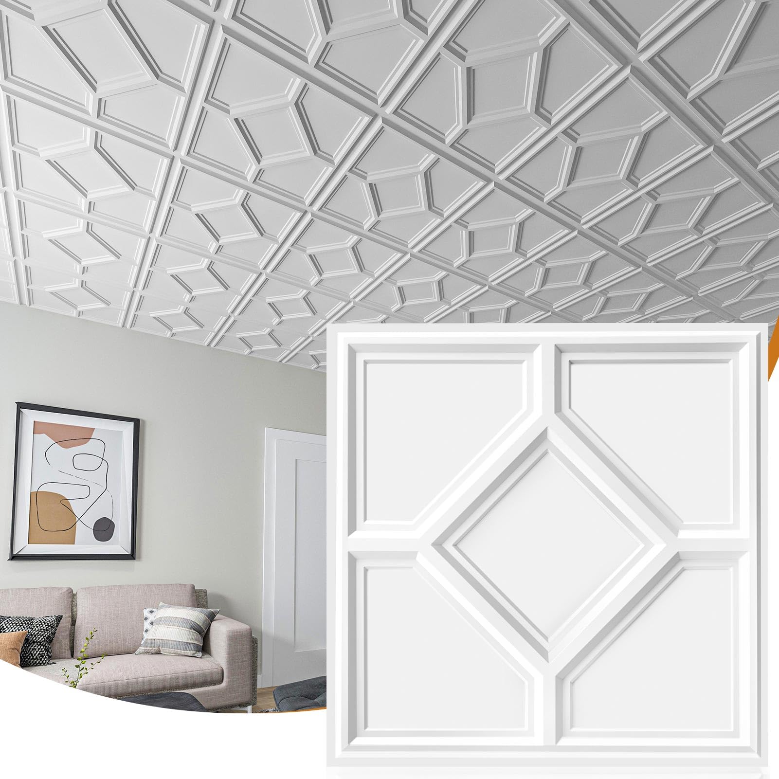 WOWSTAR 12-Pack 24"x24" Drop Ceiling Tiles, 3D Wall Panels for Interior Wall Decor, Decorative Glue Up Ceiling Tiles, White — image 1