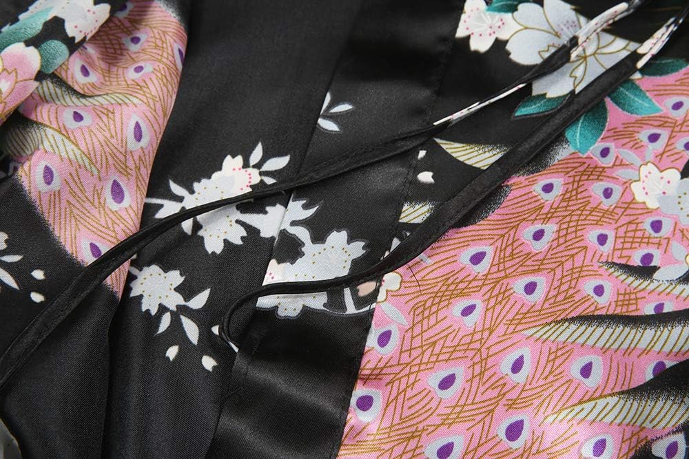 Women's Floral Kimono Satin Short Robe Peacock and Blossom Soft Bathrobe for Wedding Party Getting Ready