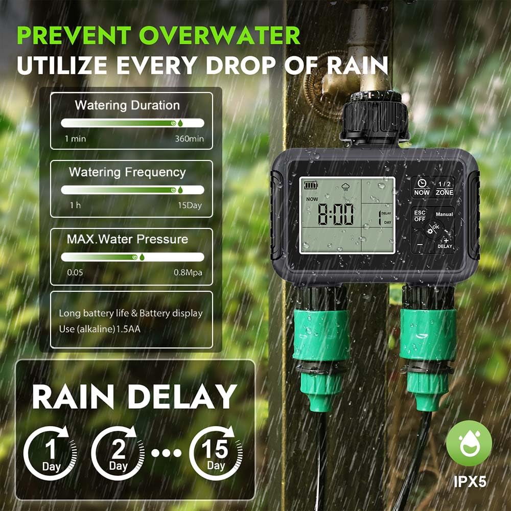 Centralina Irrigazione 2 Zone,Timer Irrigazione,Avere IPX5 Funzione Impermeabile con Programmatore Irrigazione Giardino,Timer Irrigazione Automatica Digitale,Per Prato, Giardino, Piscina