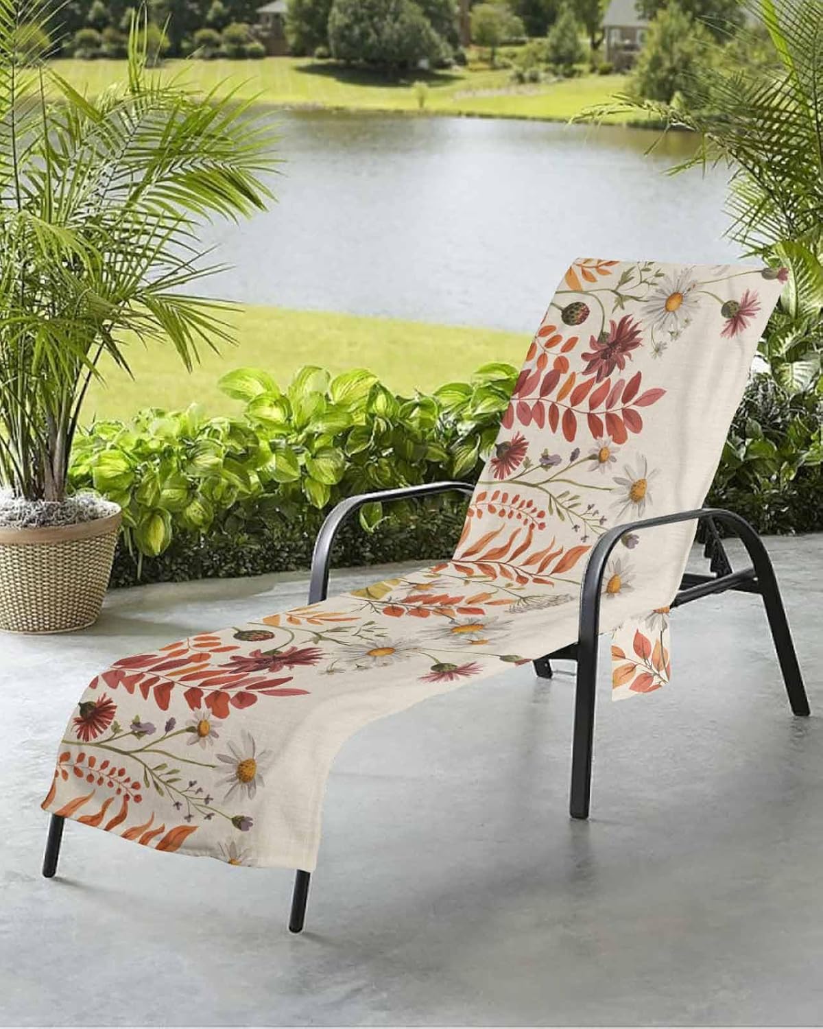 Fall Eucalyptus Leaf Beach Pool Patio Lounge Chaise Chair Cover Towel With Pockets,Absorbent & Quick Dry Microfiber Towel Cover Bag Summer Sunbathing Accessories Vintage Farmhouse Rustic Daisy Flower