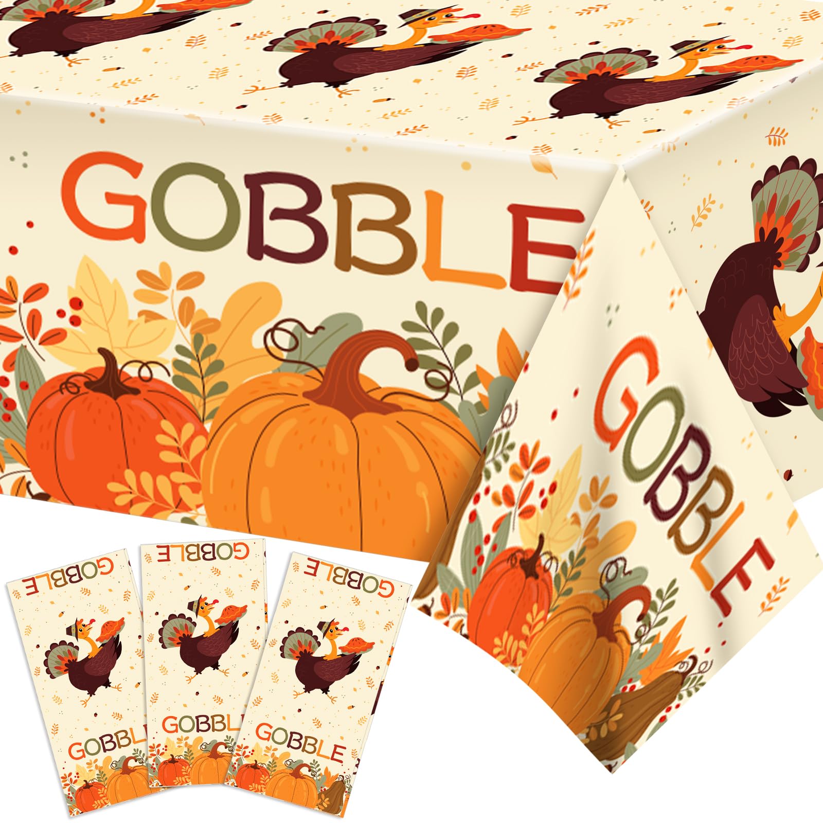 3 Pcs Thanksgiving Disposable Tablecloths Rectangular Pumpkin Themed Plastic Tablecloths for Birthdays, Weddings, Holiday Tea Party Supplies and
