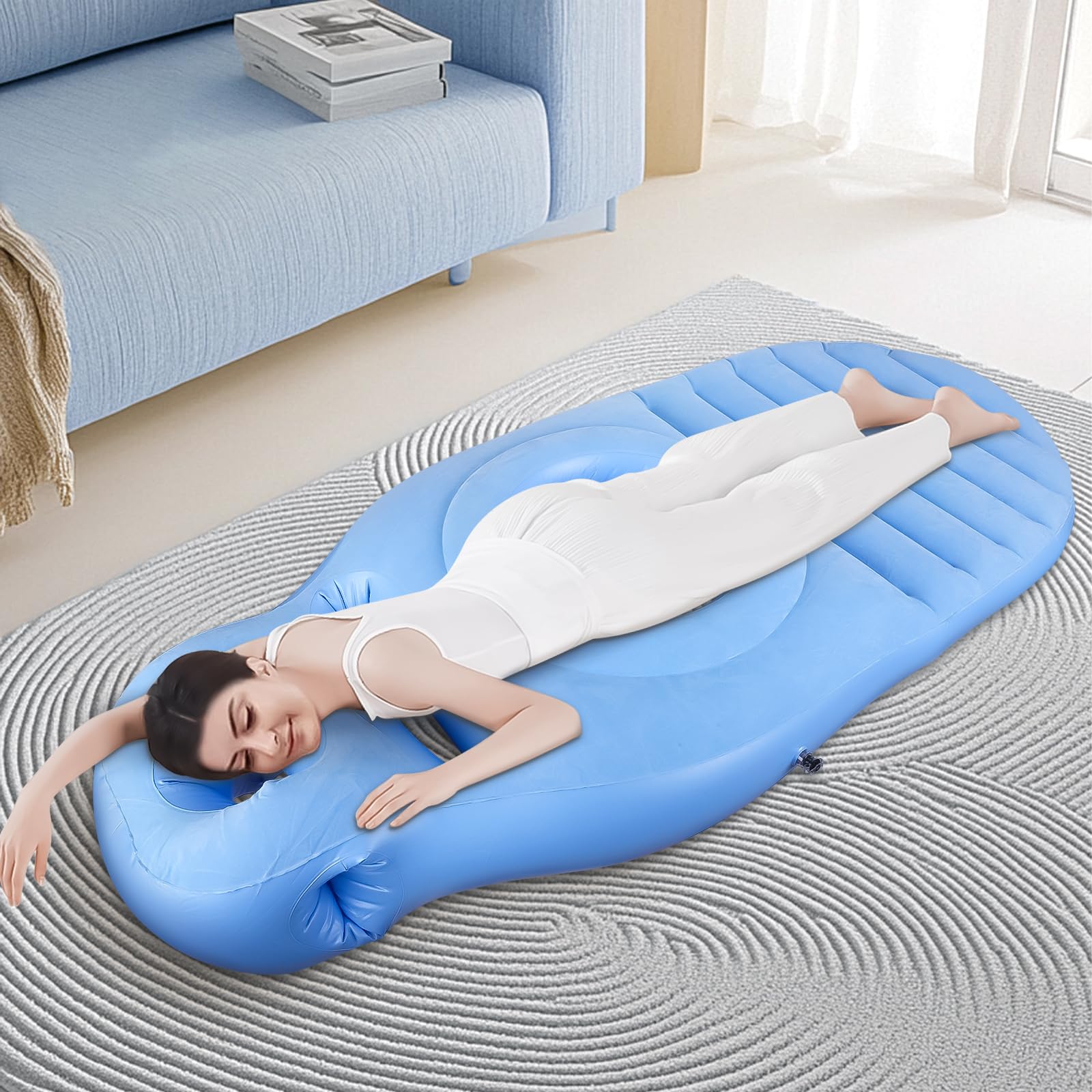 Almohada Inflable para Embarazadas, Esterilla de Yoga con Orificio, Cómoda Cama de Aire Flocada, Esterilla para Tumbarse Boca Abajo, Soporte Corporal Completo para Aliviar el Dolor(Azul)