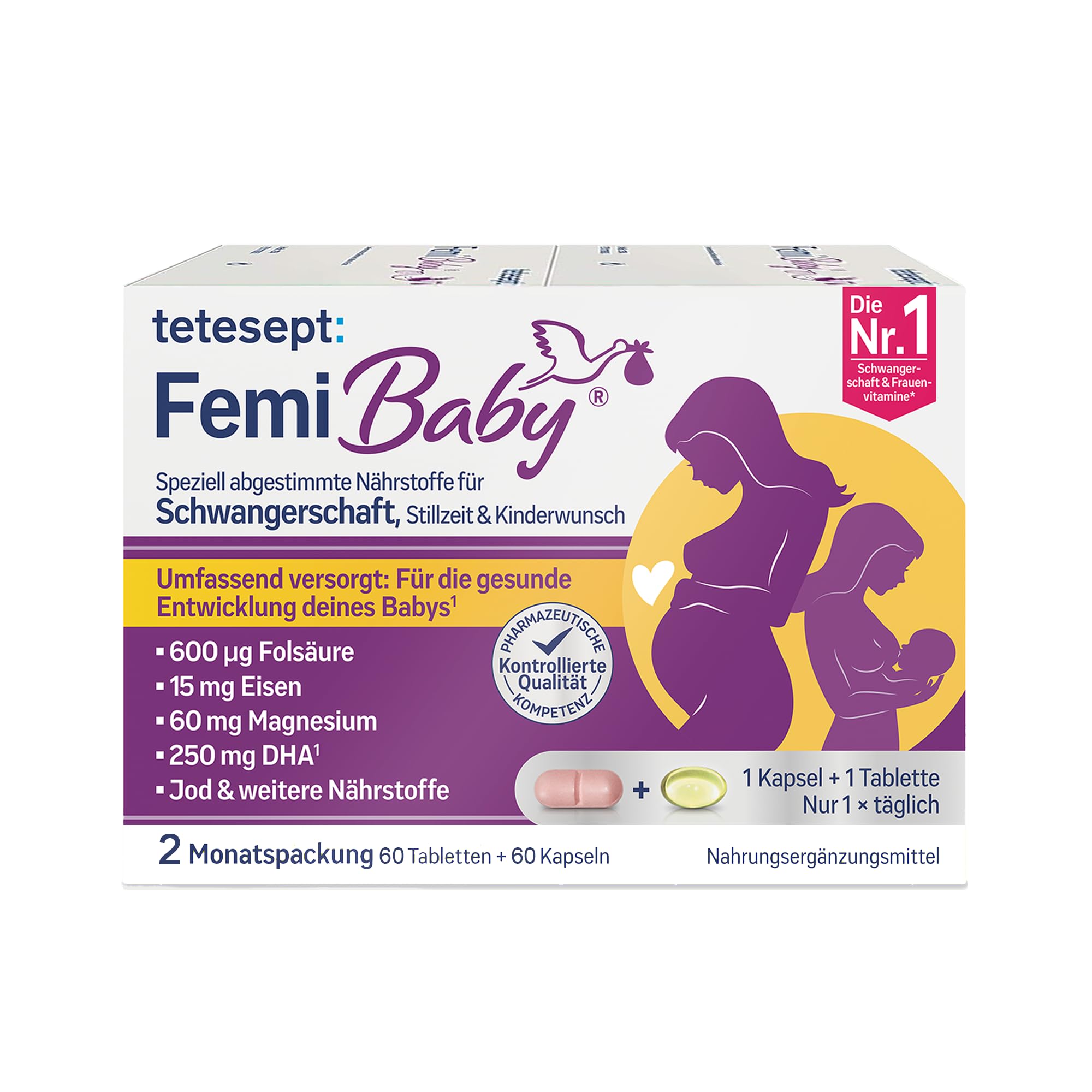 tetesept Femi Baby (2 Monatspackung) - Nahrungsergänzungsmittel für Kinderwunsch, Schwangerschaft und Stillzeit - Mit Folsäure, Eisen, DHA und weiteren Nährstoffen