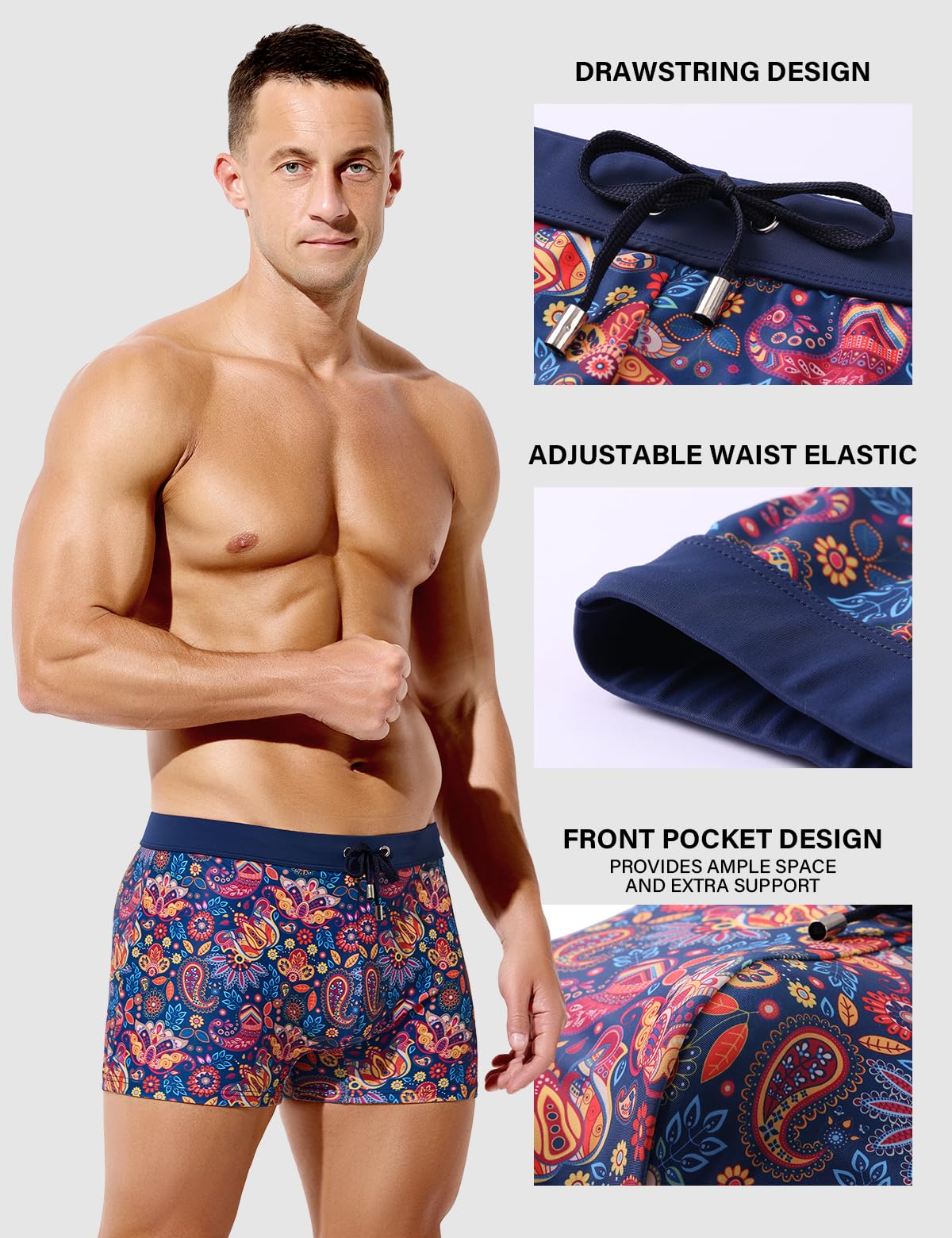 Casey Kevin Maillot de Bain Homme Boxer Short de Bain Moulants Imprimés Piscine à Séchage Rapide avec Cordon de Serrage Réglable