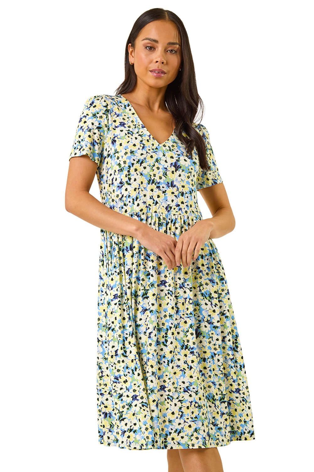 Roman Petite Women's Blue Floral V-Neck Stretch Dress Size 18