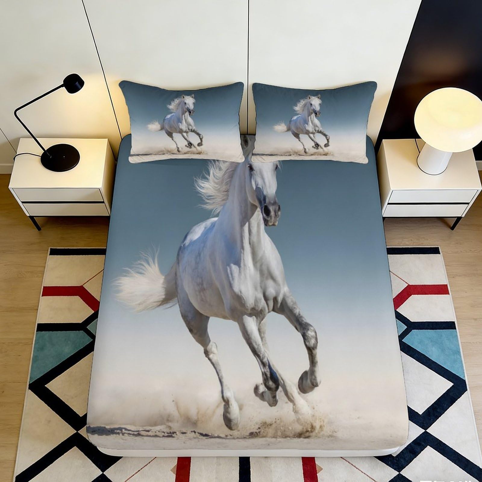 3D Printed White Horse Fitted Sheet Microfiber Soft Breathable Wild Gallop Mattress Cover for Bedroom Guest Room Decor 90x200x25cm
