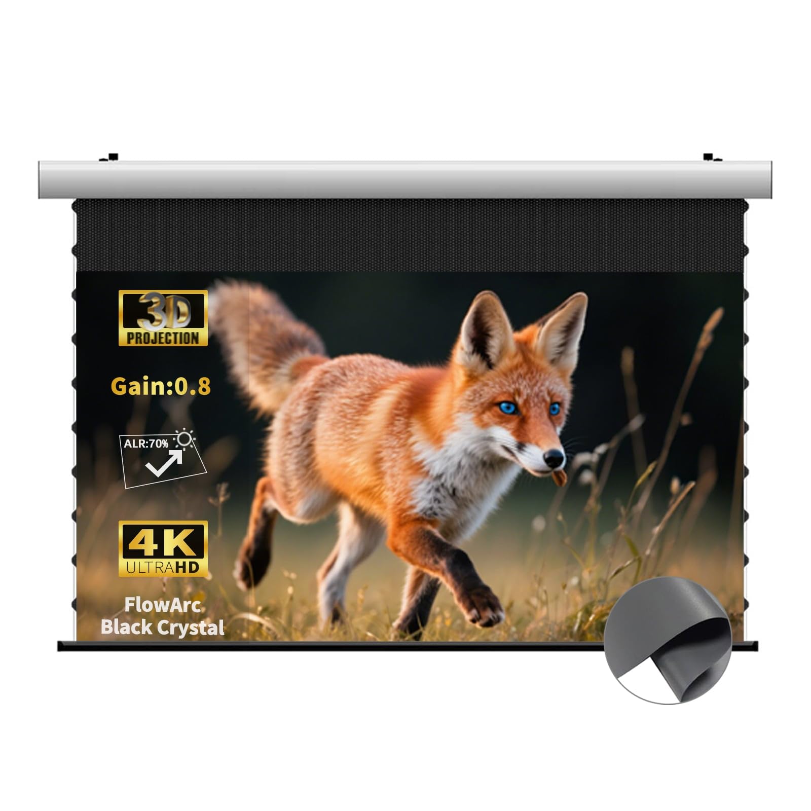 FlowArc Pantalla de Proyección 120 Pulgadas, Eléctrica Motorizada, Black Crystal 4K ALR, Montaje en Pared y Techo, Compatible con Proyectores ST/LT (No UST), para Ambientes Luminosos