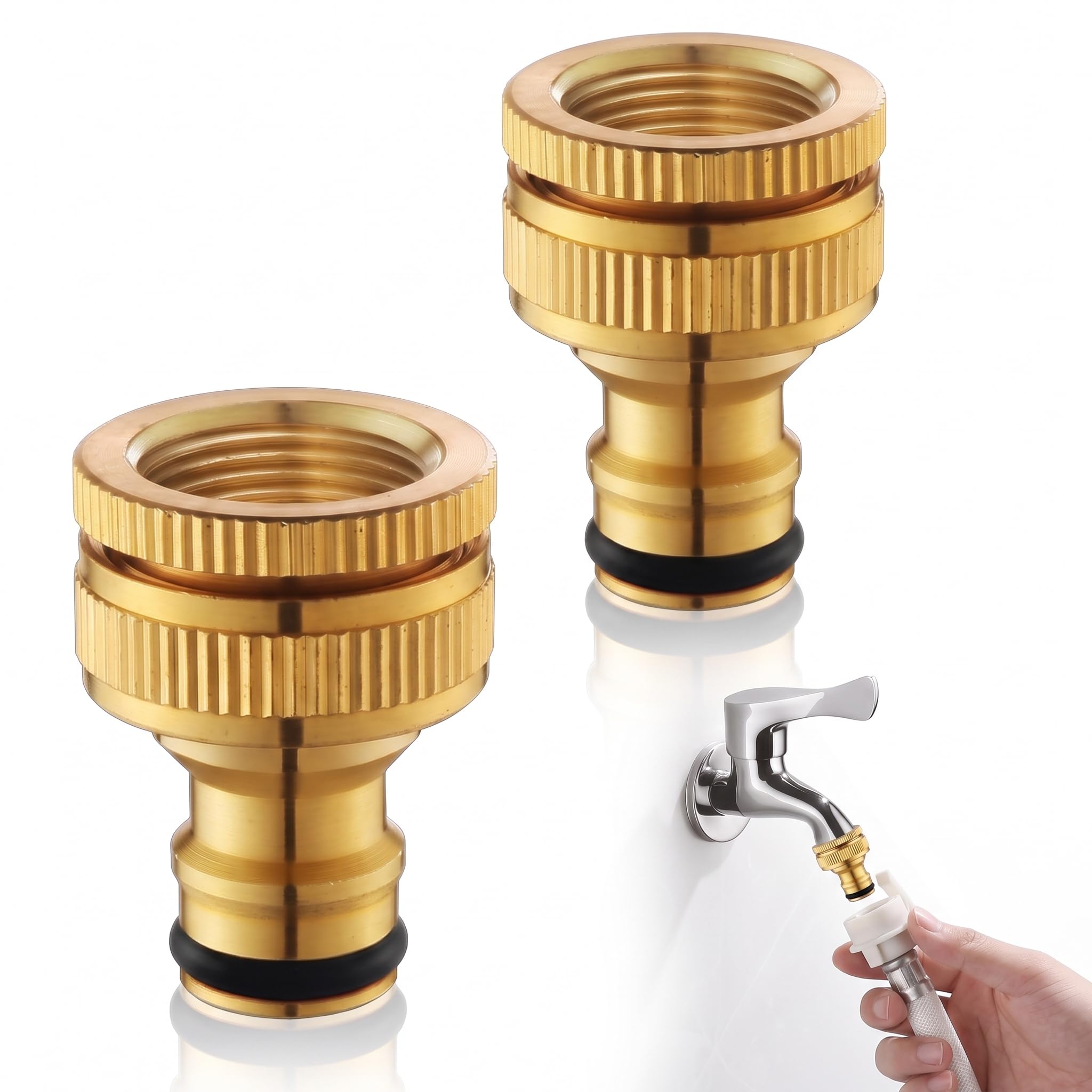 2Pcs Brass Hose Connector,Garden Hose Tap Connector for Hose Pipe,2-in-1 Outside Hosepipe Connectors and Fittings Set,3/4 Inch & 1/2 Inch Male Female Threaded Faucet Adapter,Hose End Quick Connect Kit