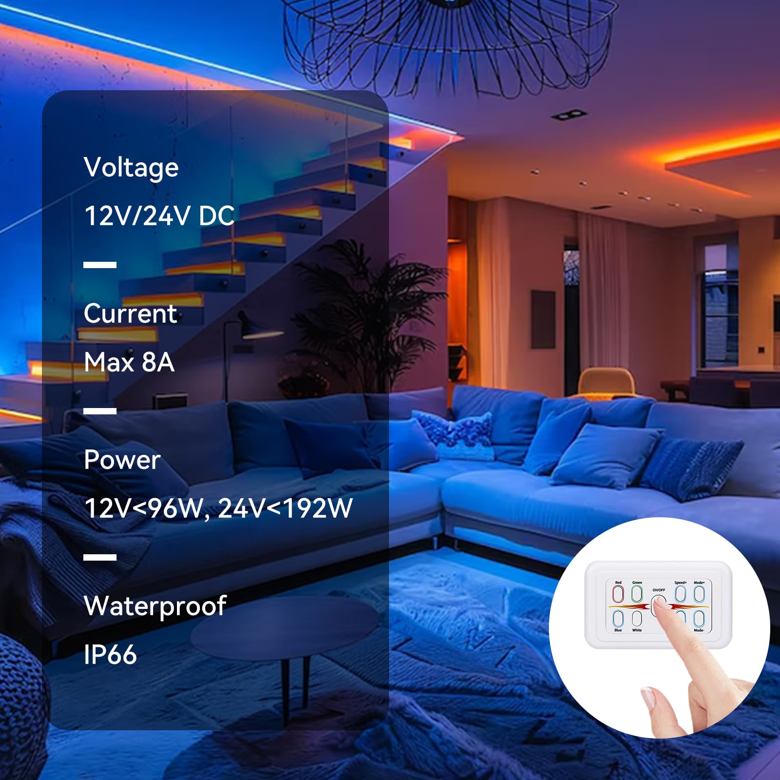 RVZONE Controlador de luz LED RGBW, interruptor LED de 4 canales, regulador RGBW, interruptor de atenuación de panel montado en la pared, para lámparas LED de 12/24 V 8 A con función RGBW