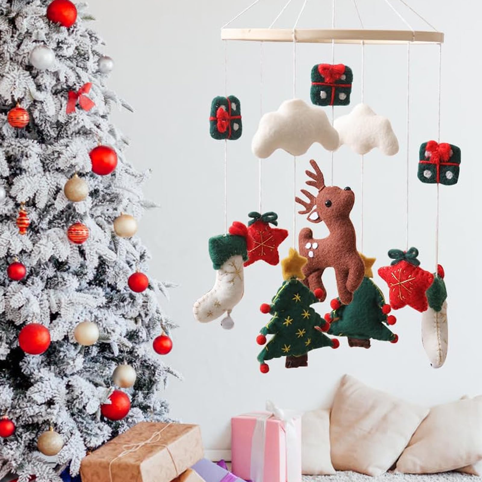 Carillon per Culla Carillon Natalizio per Regalo | Carillon Albero di Natale in Feltro con Renne Decorazione Camera Bambini Completo