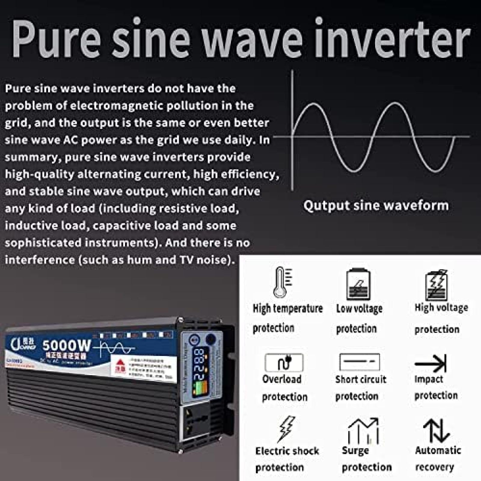 Inversor de Corriente de 12 V CC, 24 V, 48 V, 60 V a 110 V CA, 220 V, Onda sinusoidal Pura para Coche, con Pantalla Digital Dual, Panel Solar y Pantalla LCD, 3000 W, 12 V, 220 V
