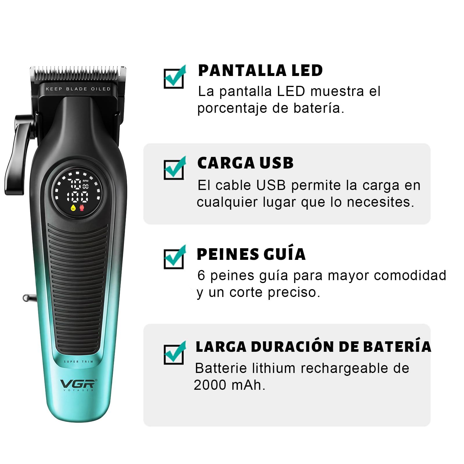 VGR 196 Maquina Cortar Pelo Profesional con Cuchillas de Cerámica, Verde | Maquina Cortar Pelo Hombre Inalámbrica con Palanca de Ajuste, Cortapelos Hombre Profesional con 6 Peines Guía, Pantalla LED
