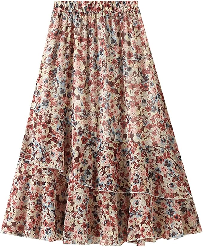 Yiwjby Summer Long Skirt Women Chiffon Floral Ruffles Aesthetic High