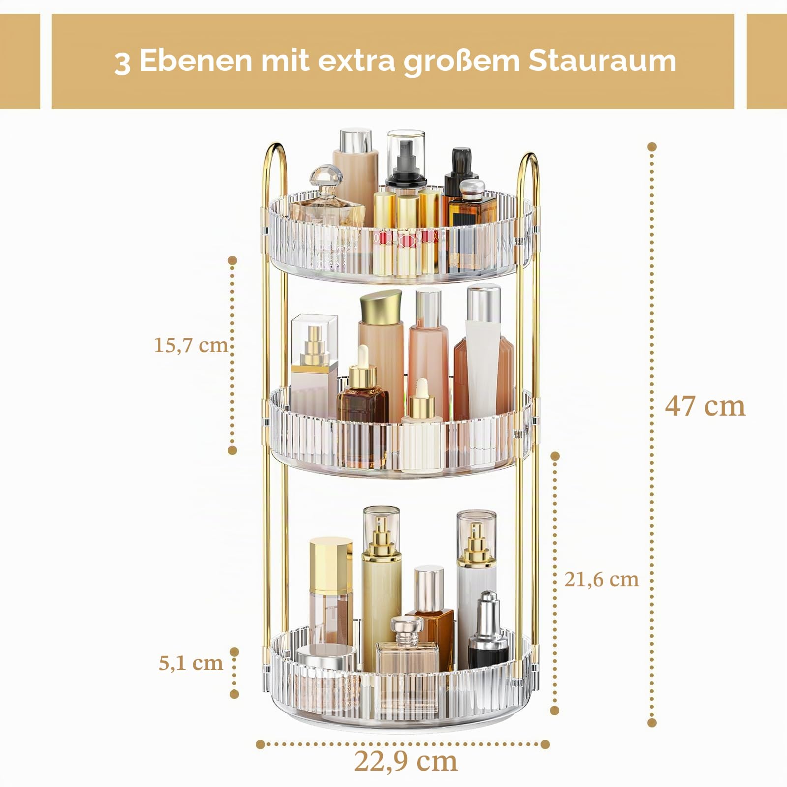 MOKANI Make Up Kosmetik Organizer, 360° Dreh Schmink Organizer, 3 Ebenen, Multifunctional Makeup Skincare Aufbewahrungssystem für Schminktisch, Badezimmer, Schlafzimmer, Transparent