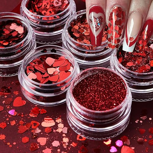 Miniatura 2 de Arte de uñas con purpurina y lentejuelas para el día de San Valentín, diseño de uñas de corazón rojo, diseño de uñas en polvo, hexágono, copos de