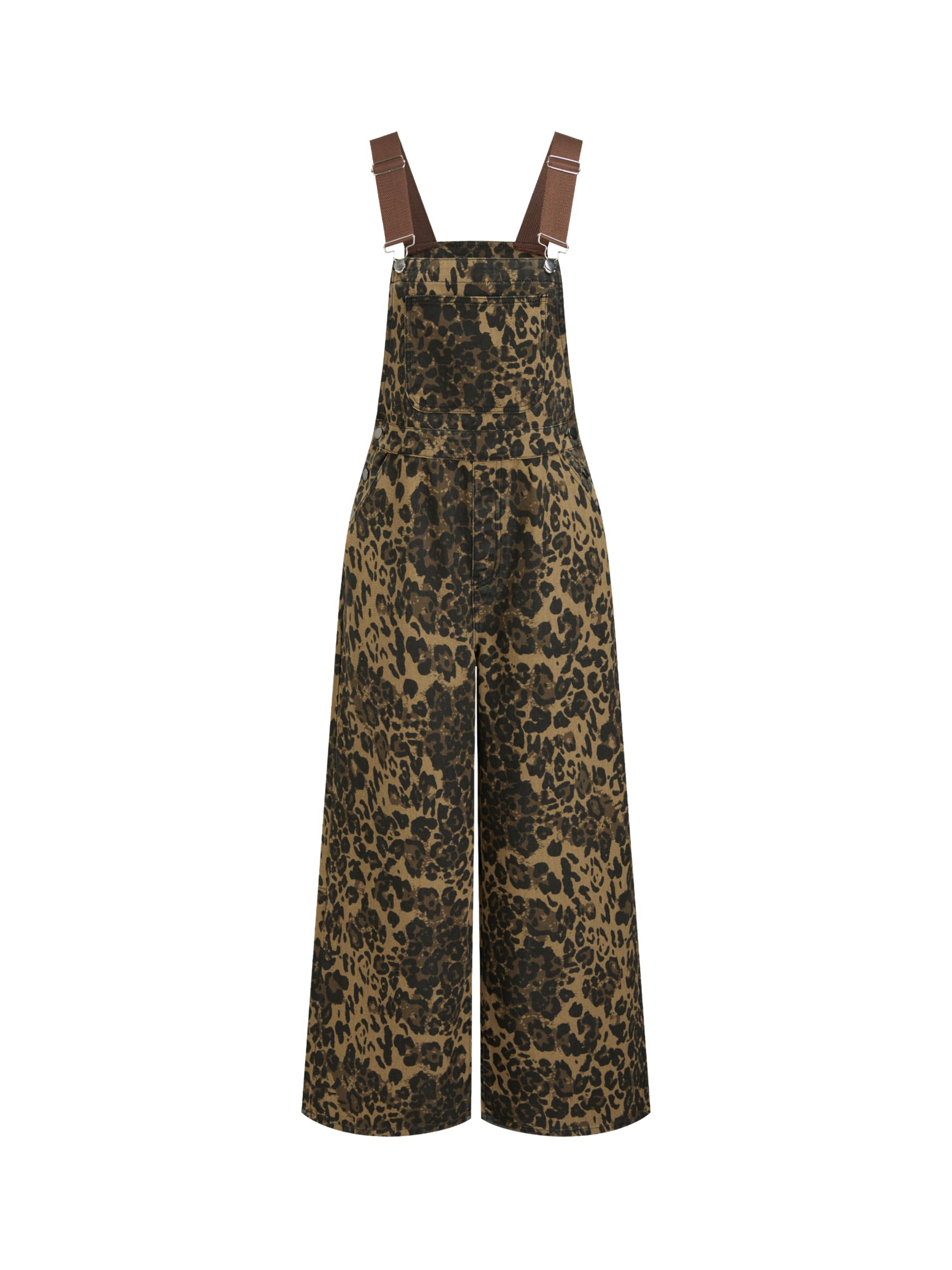 CIDER Overalls for Women Denim Leopard Pocket Buckle Up Wide Leg Jumpsuit