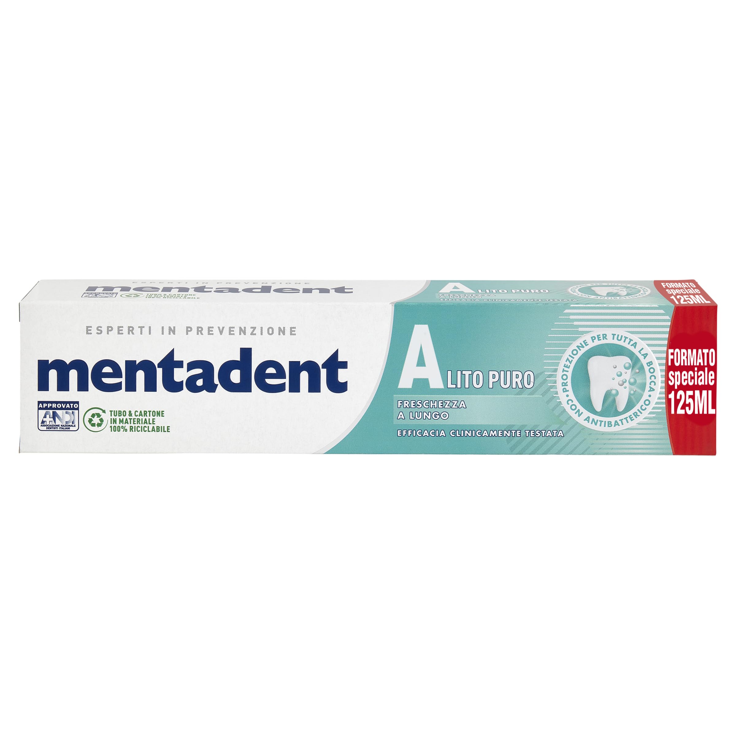 Mentadent Dentifricio Alito Puro, con Zinco Antibatterico, Microcapsule Purificanti per Protezione e Freschezza di Lunga Durata, Gusto Menta, con Essenze e Estratti Naturali, 125 ml