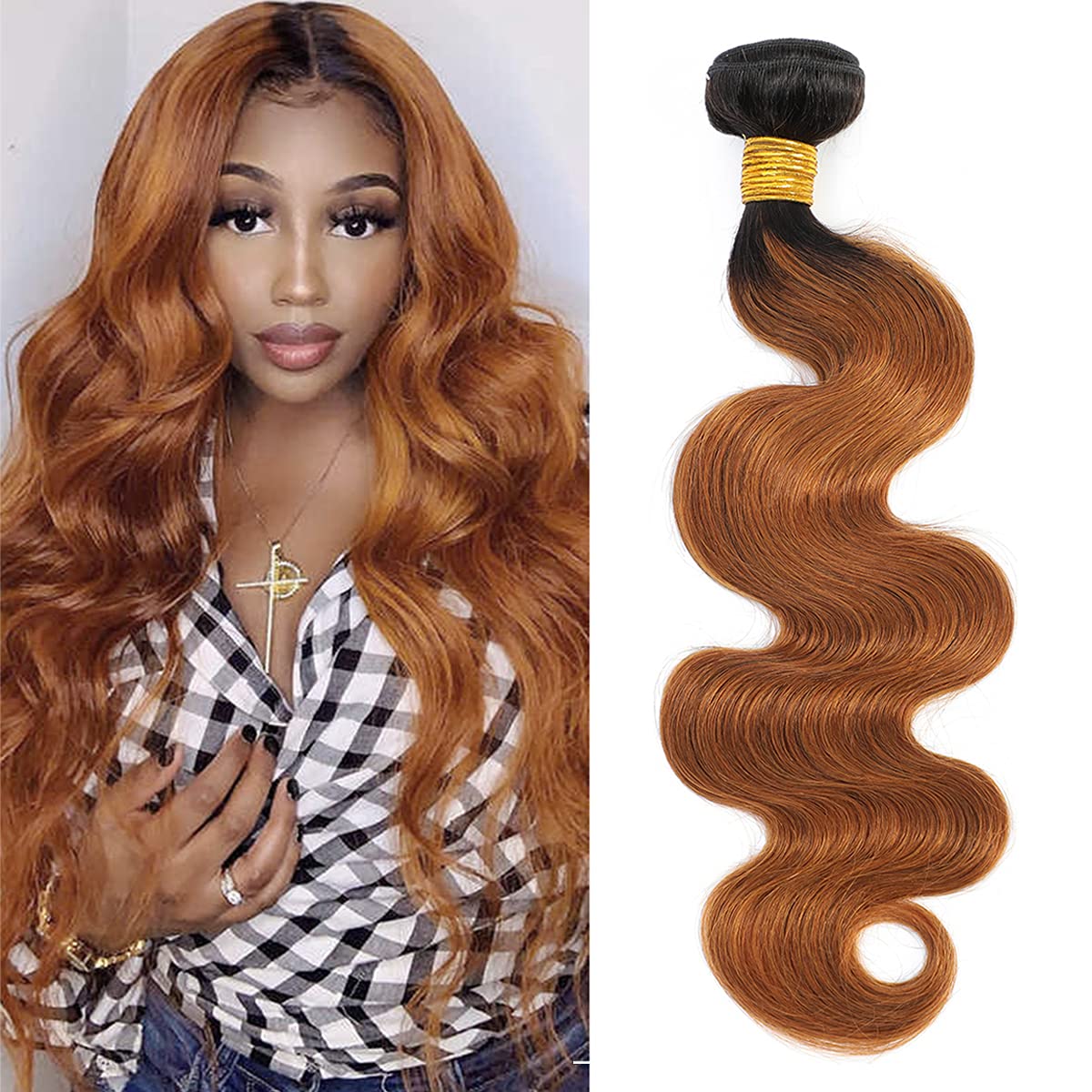 Ombre Brazilian Body Wave Color 1B/30 100% Unprocessed Human Hair Weave, Ombre Kinky Curly Human Hair Brown 1B/30 Two Tone 1 Bundle 26 Inch