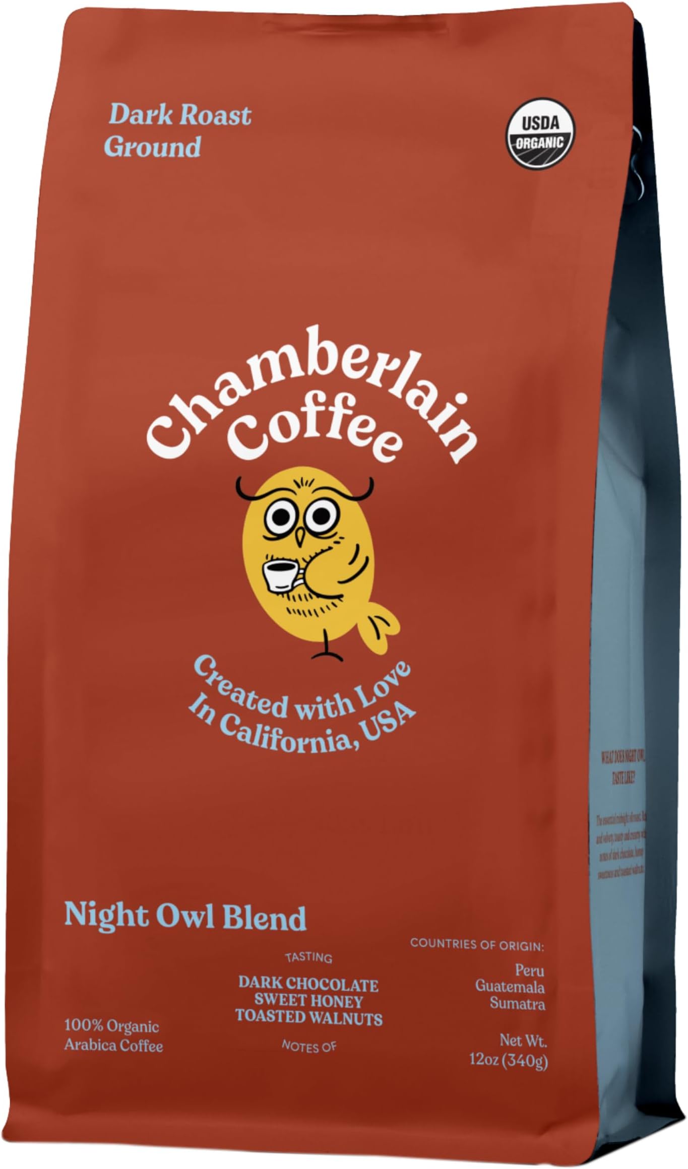 Chamberlain Coffee Night Owl Blend - Dark Roast Ground Coffee Beans with Notes of Toasted Walnuts, Dark Chocolate & Sweet Honey - Specialty Ground Coffee Freshly Roasted In California - 12 oz