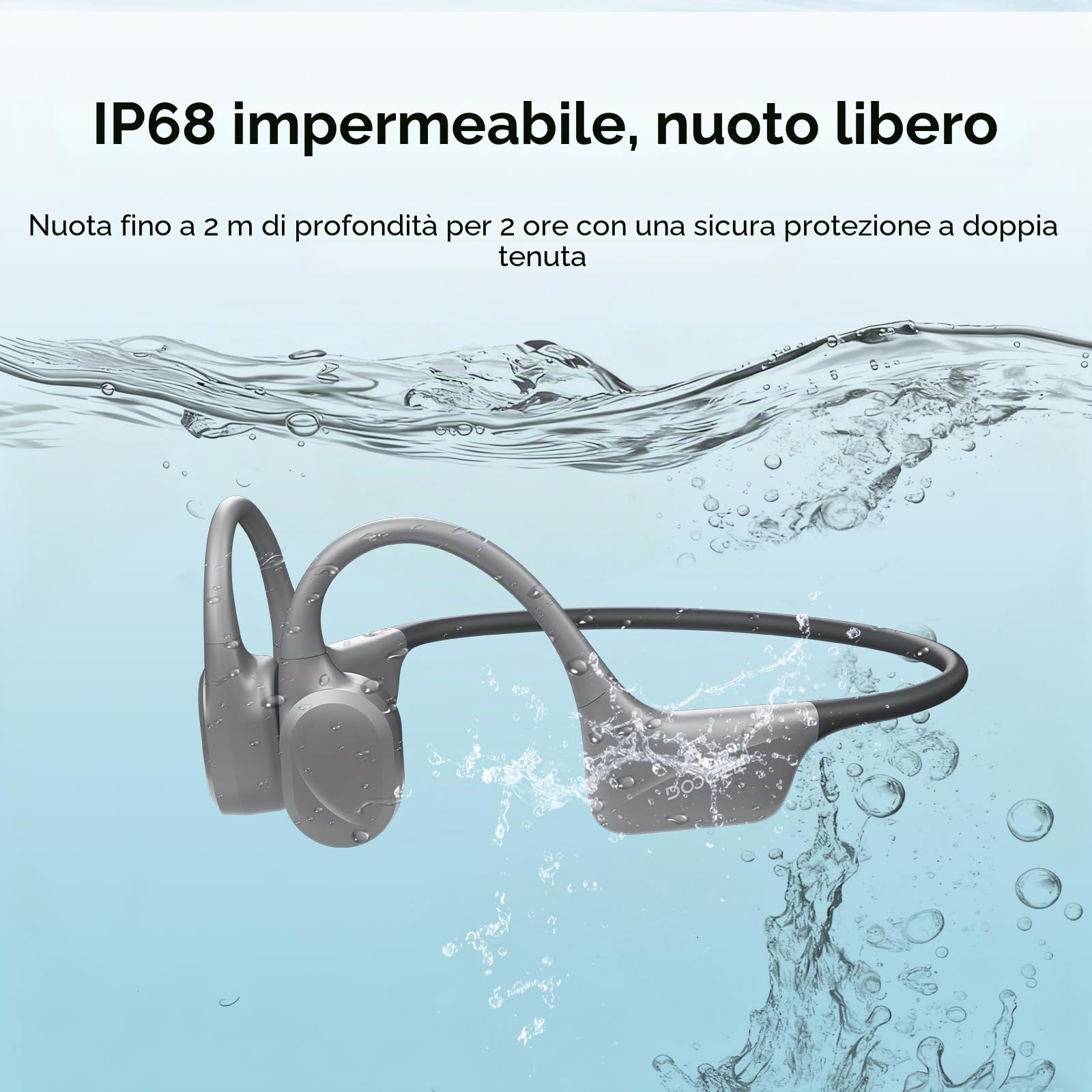 Cuffie Conduzione Ossea IP68 Impermeabili per Nuoto, Auricolari Sportive Bluetooth 5.4, MP3, 32GB, Comodo Silicone, Open-Ear per Corsa, Ciclismo, Palestra,Grigio