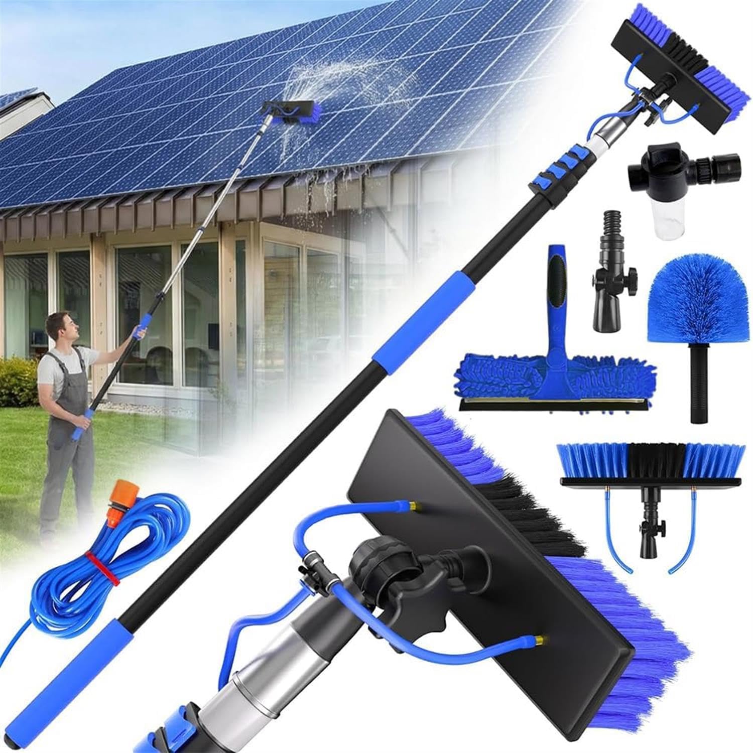7m Telescopic Pole Water Fed Window Cleaning Pole Kit , Brush, Squeegee, Cobweb Duster, Inline Tap & Soap Dispenser – Outdoor Cleaner for Conservatory Roof, Windows & Solar Panels