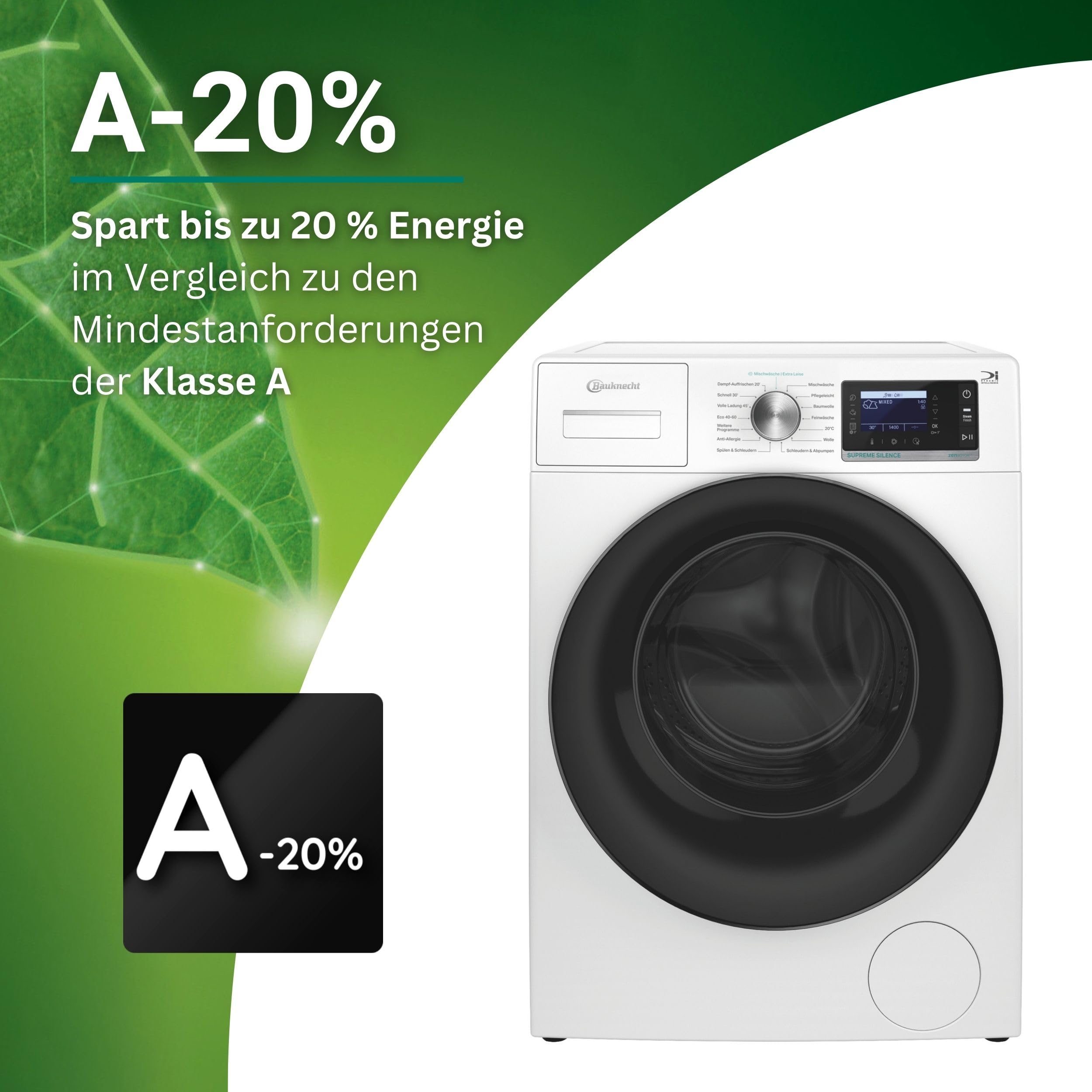 Bauknecht Waschmaschine 8kg 1400 U/min B6R 88 SILENCE DE Weiß EEK A-20% Dampftechnologie ZEN-Motor