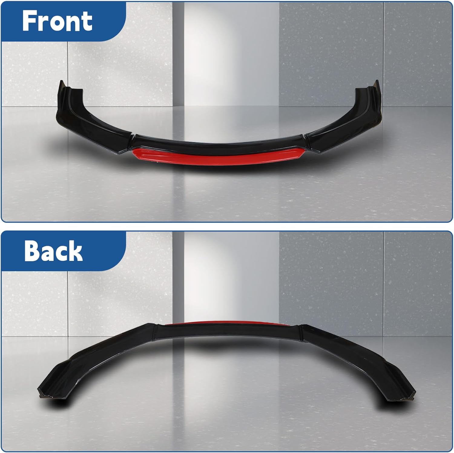 Silscvtt Universal Glossy Black Front Bumper Lip Spoiler Splitter 4 Pieces Kit Red Tongue