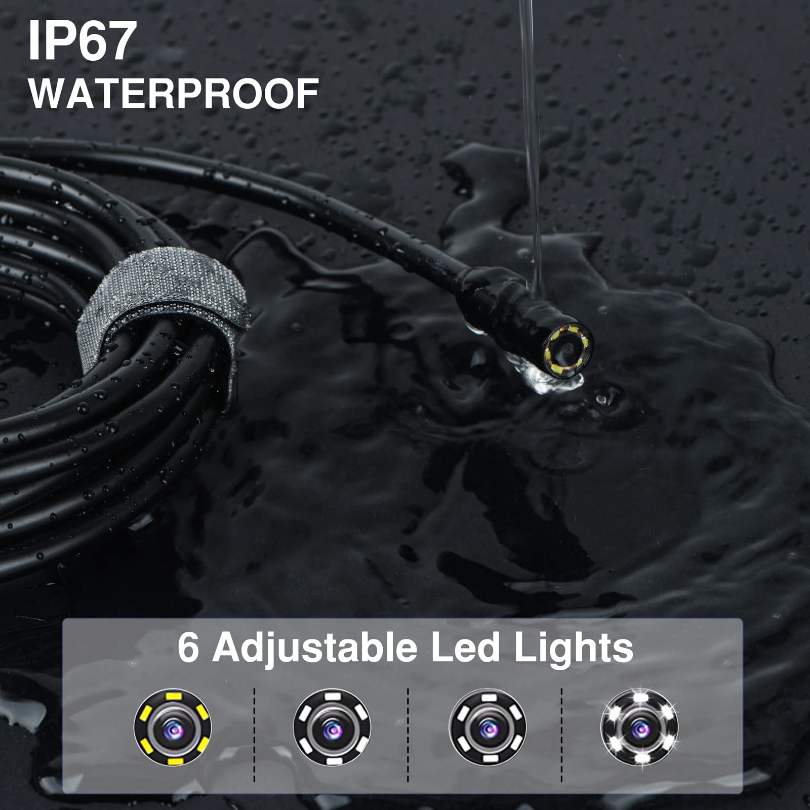 BEVA Wodoodporne kamery inspekcyjne 1080P HD, z 6 diodami LED, wodoodporny endoskop horoskop kamera endoskopowa z twardym kablem 2,9 m, czarna
