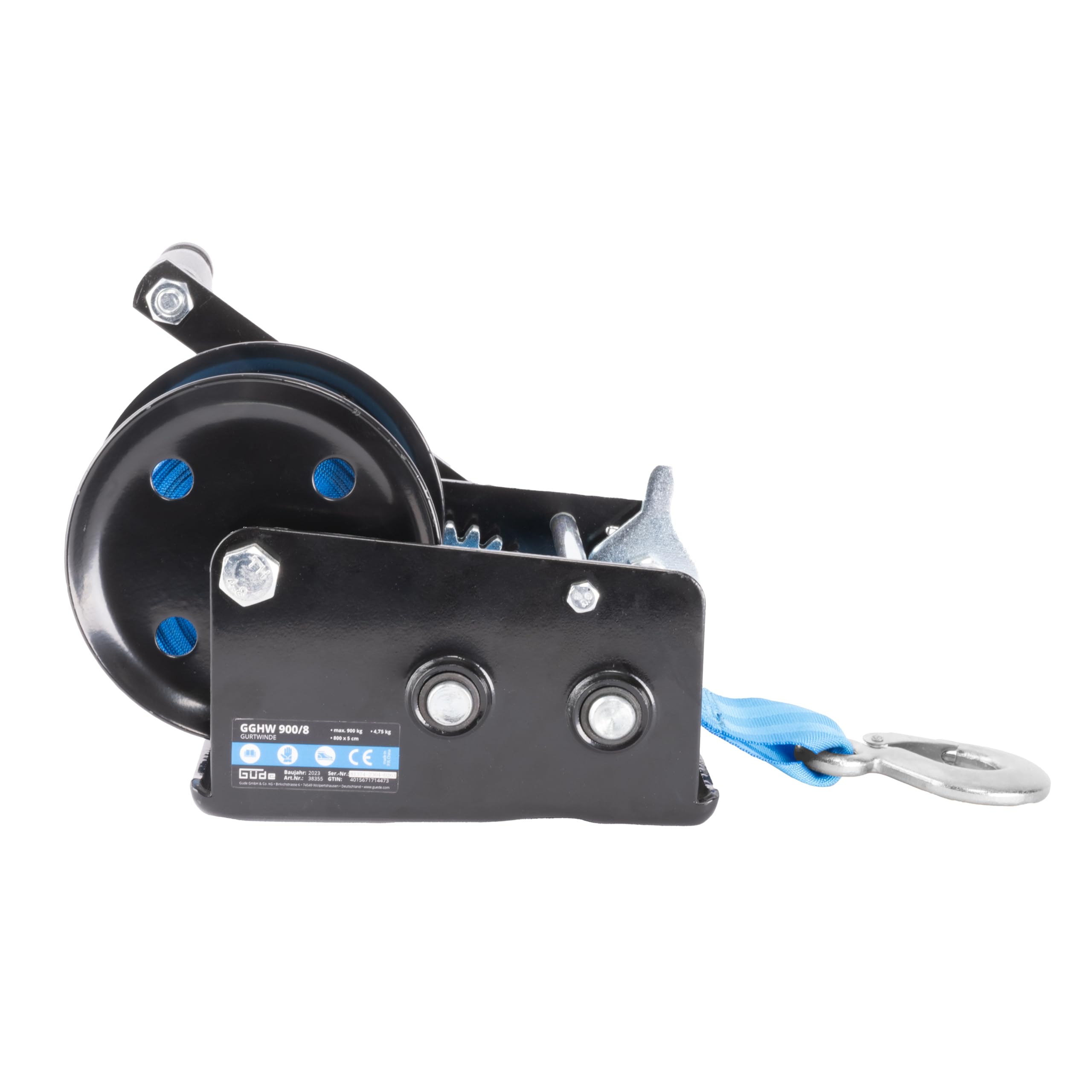 Güde Cabrestante GGHW 900/8 (900 kg de fuerza de tracción, 8 m de longitud de la correa, 5 cm de ancho de la correa, gancho de carga con apertura de gota, palanca de bloqueo, manivela con mango suave,
