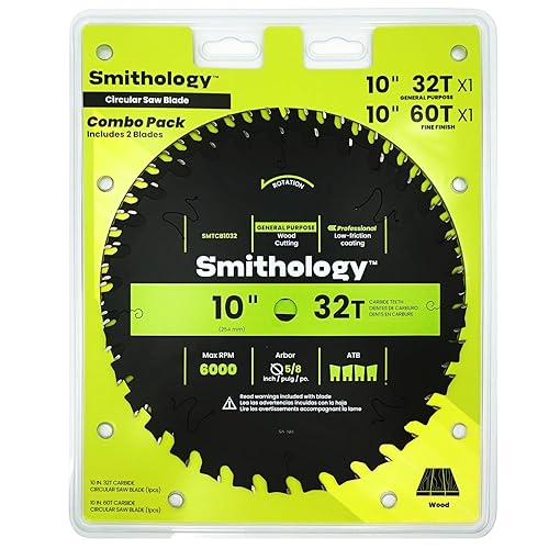 Smithology Hojas de sierra de mesa de 10 pulgadas, paquete de 2 unidades, ATB de 32 dientes y 60 dientes, punta de carburo, corte fino, para corte