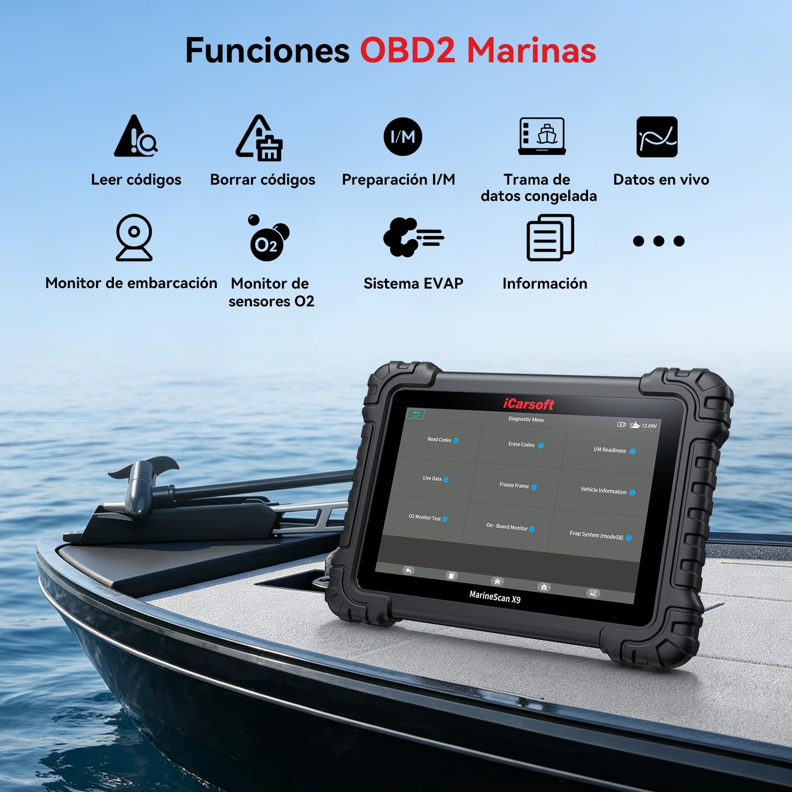 iCarsoft MarineMaster X9 Herramienta de diagnóstico Marina para Barcos, Yates, Motos acuáticas y Motores fueraborda, 40 Funciones de Servicio, Prueba bidireccional, Lector de códigos OBD2 Marino