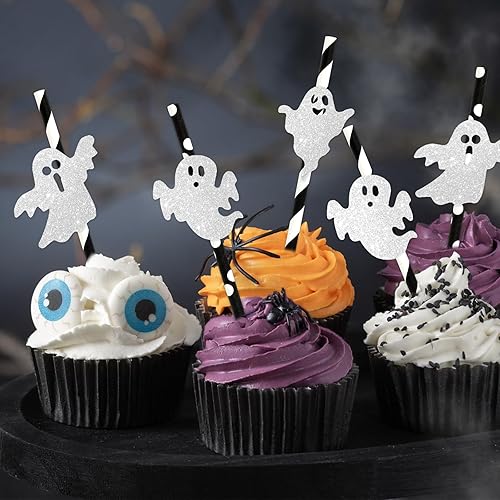 Miniatura 7 de Whaline 60 popotes de papel de fantasma de Halloween, con brillantina, fantasma, desechables, con patrón de puntos negros y blancos, pajitas de