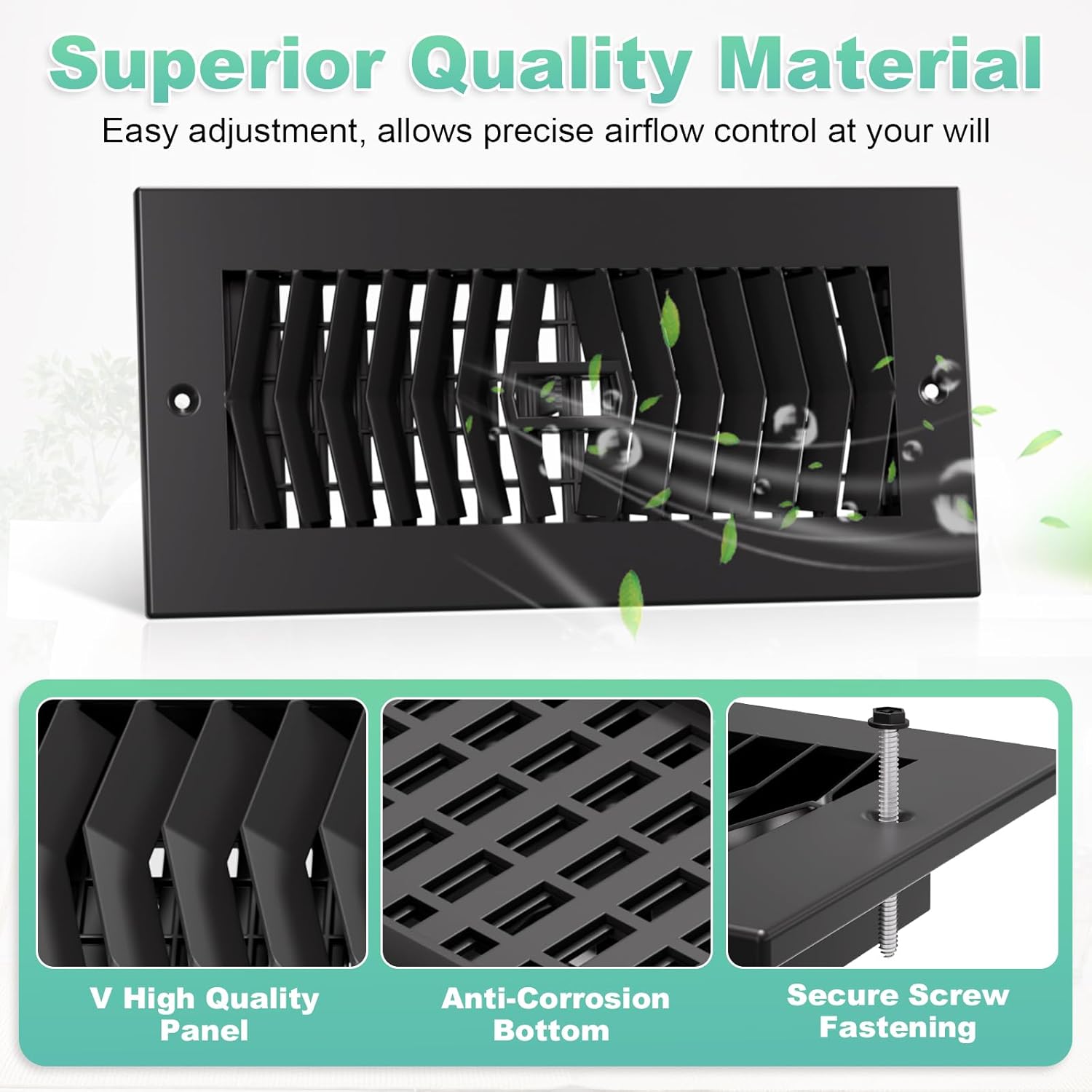 Floor Register 4x10-6 Pack Floor Vent Covers for Home Floor Heavy Duty Thicker Metal Steel Walkable Floor Grates Adjustable Air Vent Covers 4" x 10" Floor Vent, Black (with Screw)